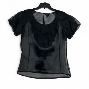 St. John Couture 100% Silk Elegant Black Caviar Sheer Blouse With Puff Sleeves